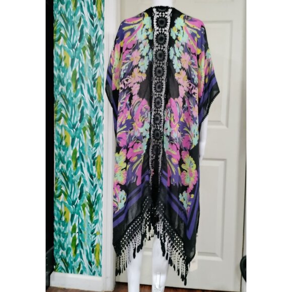 Comfyluxe Boho Whimsy Floral Crocheted Detailing Tassels Long Kimono Onesize NWT - Picture 4 of 15